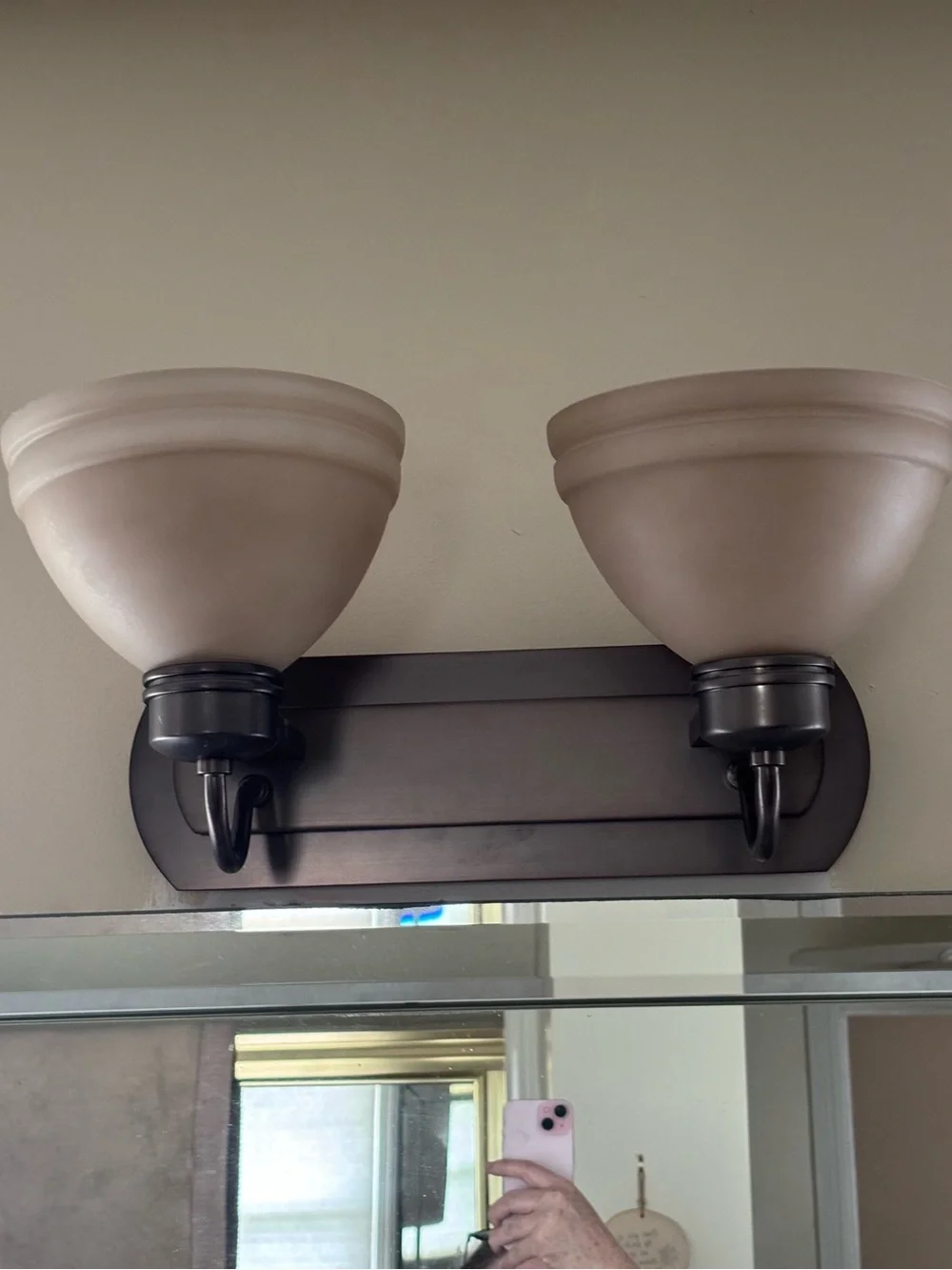 2-Light Bathroom Vanity Wall Light Rubbed Bronze with Beige Glass Shades. (3)